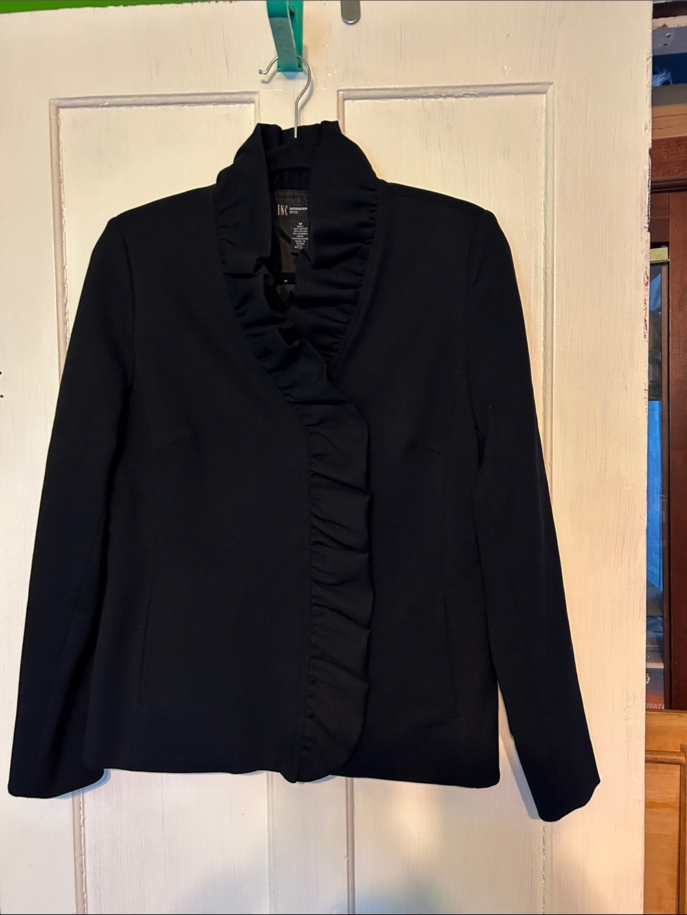 INC International Concepts Black Ruffled Open-Front Blazer